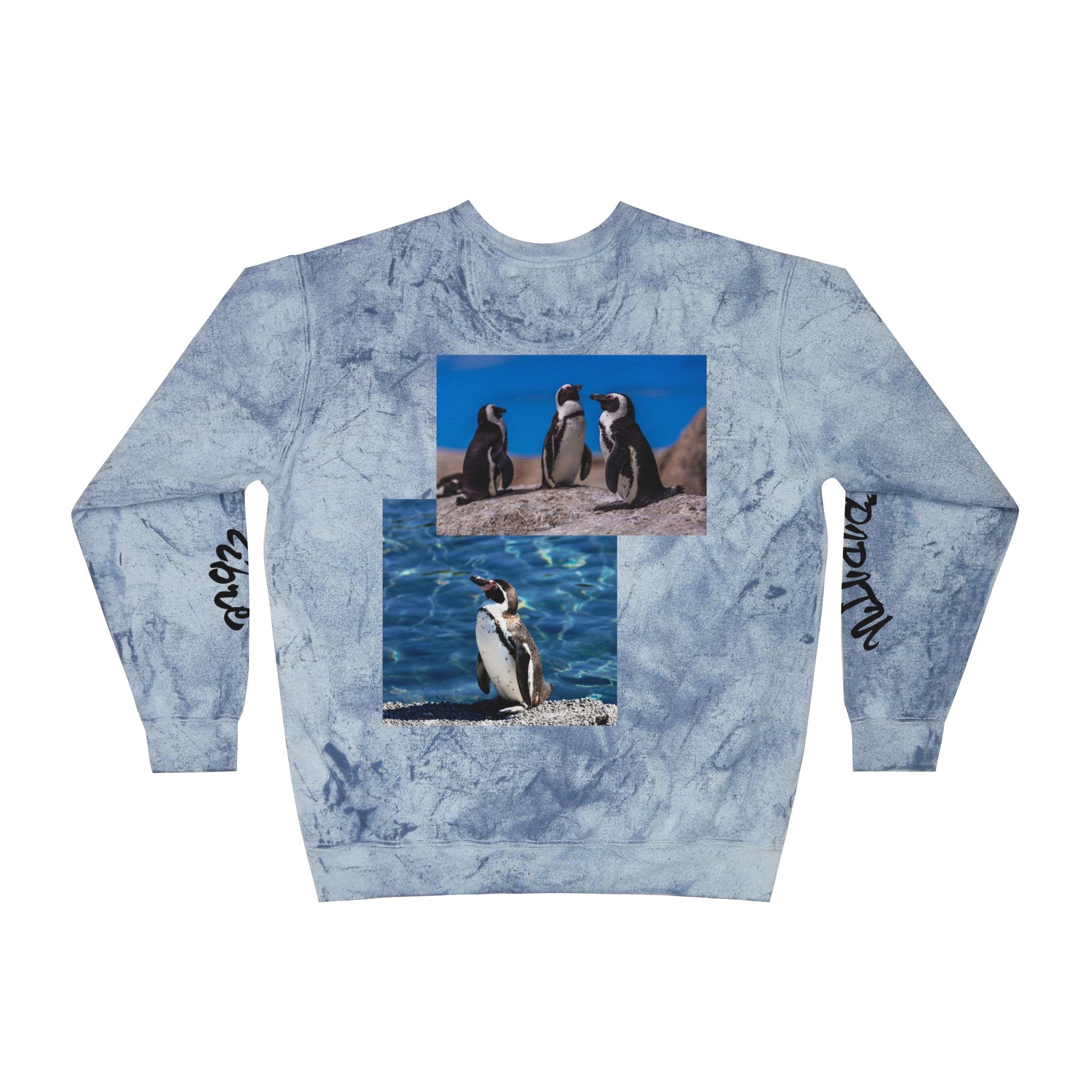 Color Blast Crewneck Sweatshirt, Trendy Unisex Pullover, Unique Graphic Sweatshirt, Cozy Winter Apparel, Fun Penguin Design