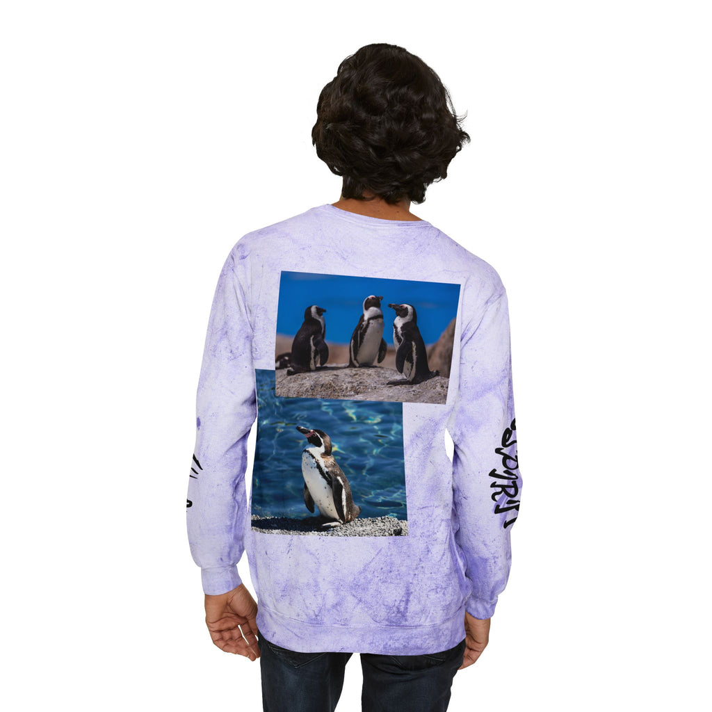 Color Blast Crewneck Sweatshirt, Trendy Unisex Pullover, Unique Graphic Sweatshirt, Cozy Winter Apparel, Fun Penguin Design