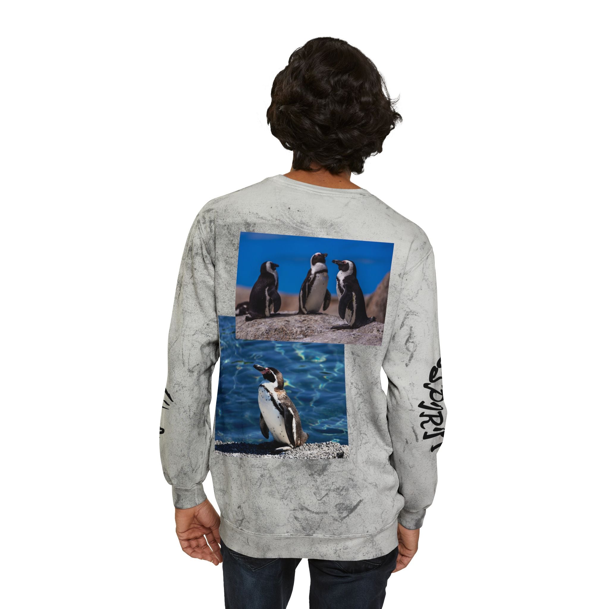 Color Blast Crewneck Sweatshirt, Trendy Unisex Pullover, Unique Graphic Sweatshirt, Cozy Winter Apparel, Fun Penguin Design