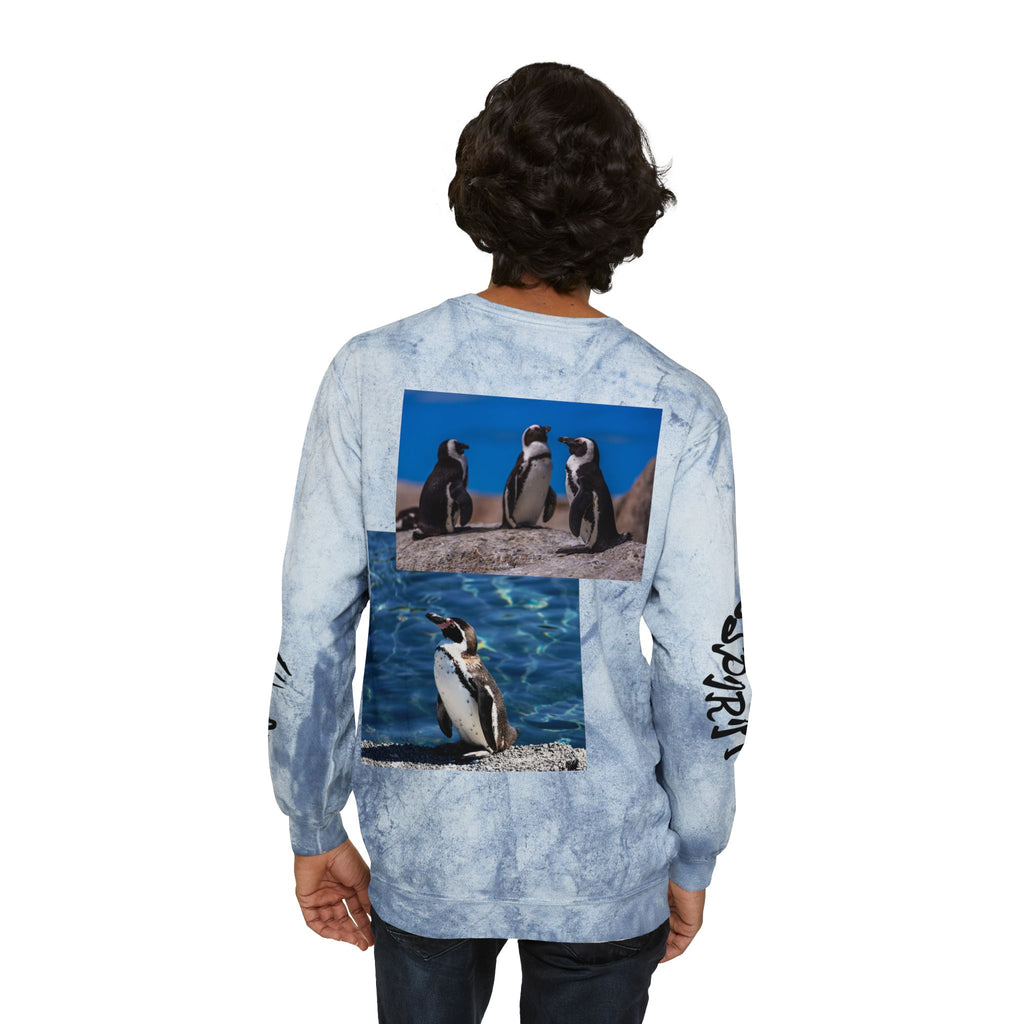 Color Blast Crewneck Sweatshirt, Trendy Unisex Pullover, Unique Graphic Sweatshirt, Cozy Winter Apparel, Fun Penguin Design